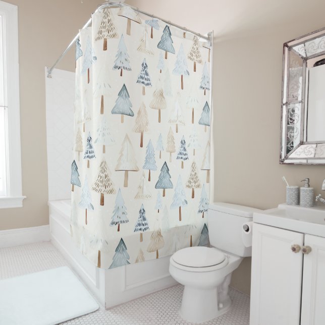 Cream Beige Blue Christmas Trees Shower Curtain (In Situ)