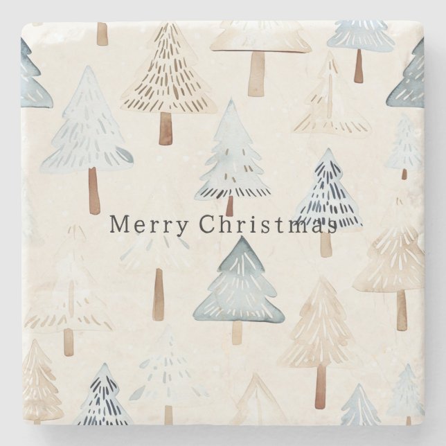 Cream Beige Blue Christmas Trees Stone Coaster (Front)
