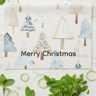 Cream Beige Blue Christmas Trees Tea Towel
