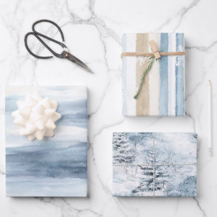 Cream Beige Blue Christmas Trees Winter   Wrapping Paper Sheet