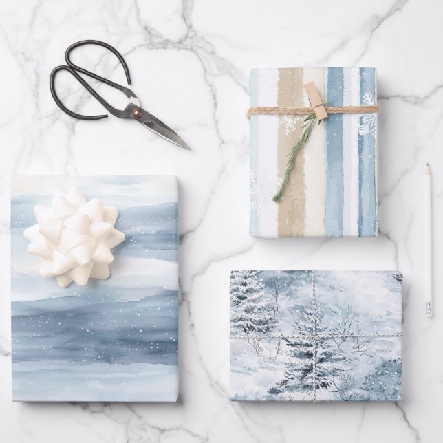 Cream Beige Blue Christmas Trees Winter   Wrapping Paper Sheet (Front)