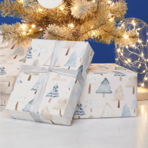 Cream Beige Blue Christmas Trees Wrapping Paper