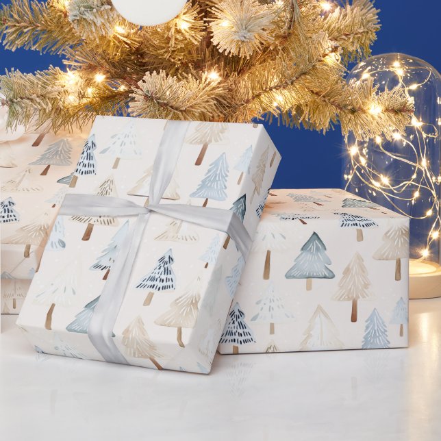 Cream Beige Blue Christmas Trees Wrapping Paper (Holidays)