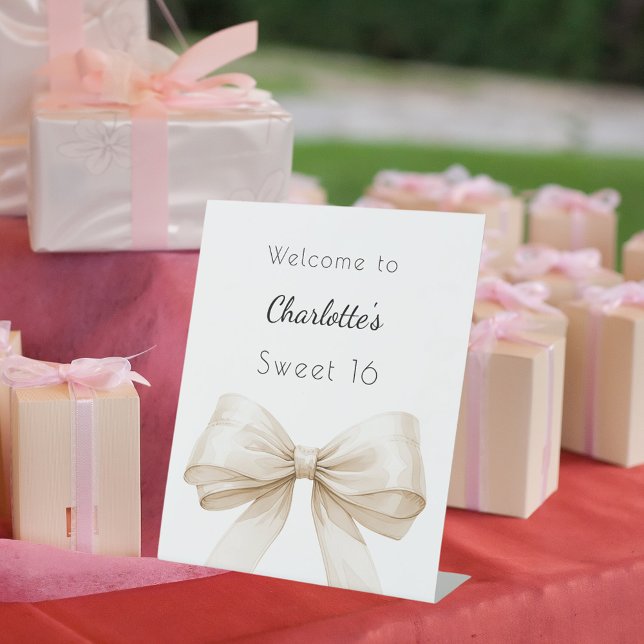 Cream beige bow Sweet 16 welcome Pedestal Sign (Creator Uploaded)