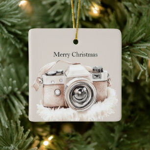 Cream Beige Camera Stripes Christmas Ceramic Ornament