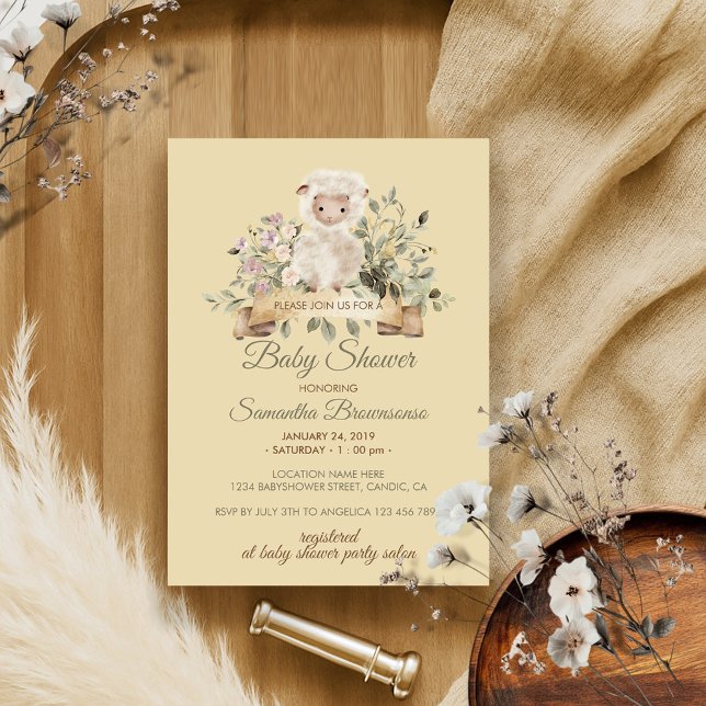 Cream Beige Flower Cute Sheep Lamb Invitation (Creator Uploaded)
