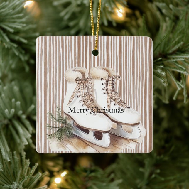 Cream Beige Ice Skates Christmas Ceramic Ornament (Tree)