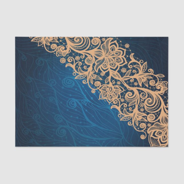 Cream Beige Lace on Swirling Blue Background Tissue Paper (Front)