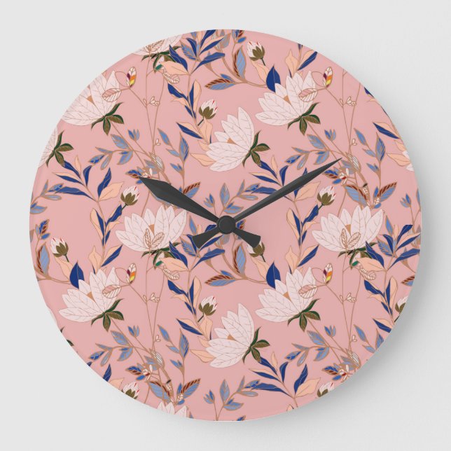 Cream Beige Lilies: Pink Seamless Background Large Clock (Front)