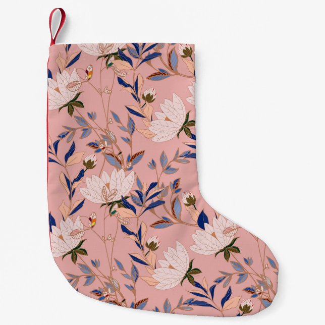 Cream Beige Lilies: Pink Seamless Background Small Christmas Stocking (Front)
