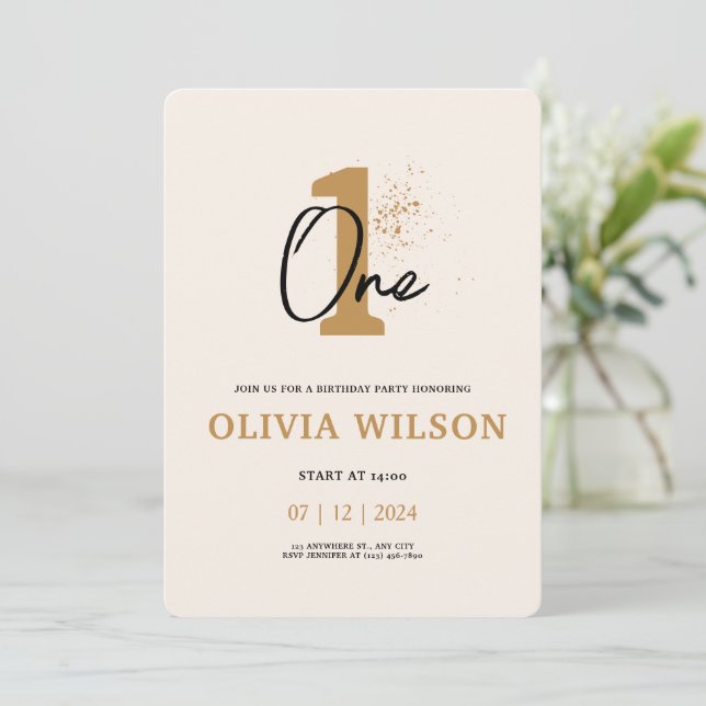 Cream Beige Minimalist Aesthetic First Birthday Invitation (Standing Front)