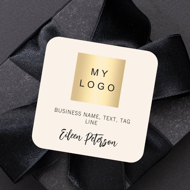 Cream beige name signature business logo square sticker (Creator Uploaded)