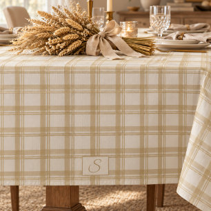 Cream Beige Neutrals Tartan Plaid Monogram Tablecloth