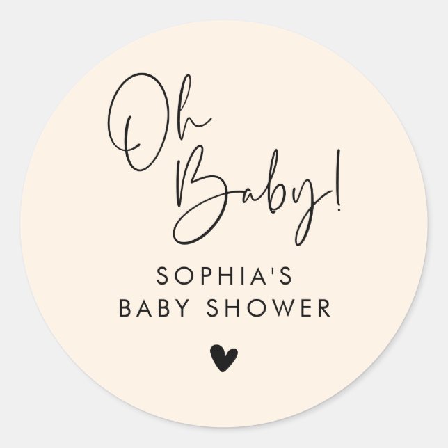Cream Beige Oh Baby Modern Boho Baby Shower Classic Round Sticker (Front)