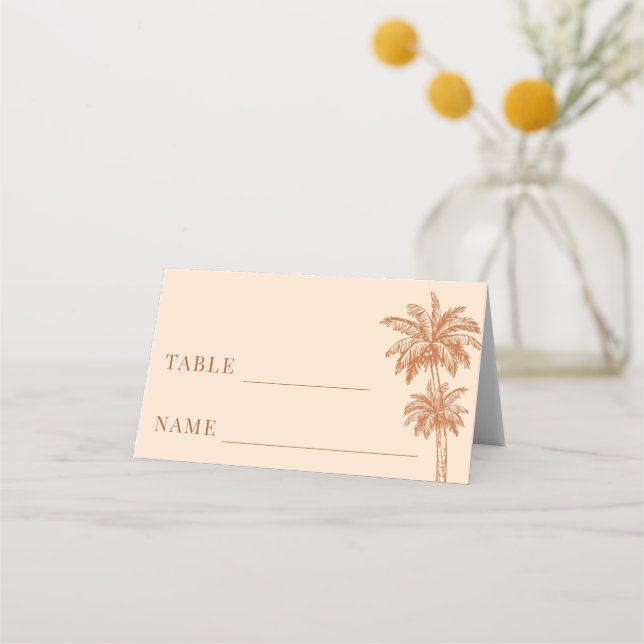 Cream Beige Palm Tree Boho Beach Wedding Table Place Card (Front)