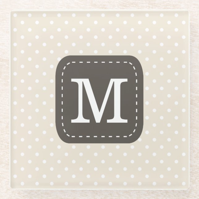 Cream Beige Polka Dot Pattern Personalised Letter Glass Coaster (Front)