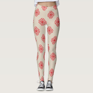 Cream Beige Red Snowflake Christmas Leggings