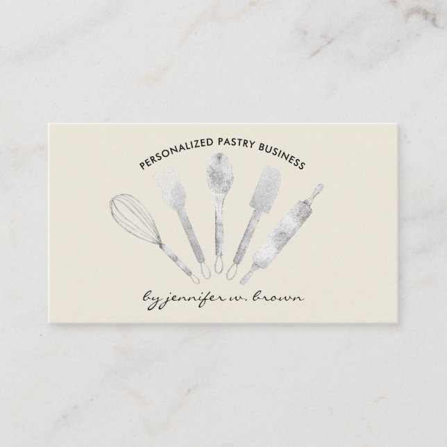 Cream Beige Silver Pastry Chef Home Bakery Business Card (Front)