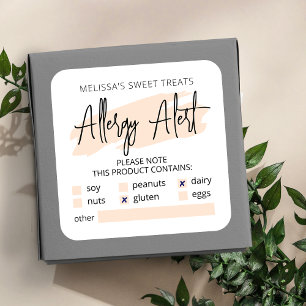 Cream Beige Watercolor Script Allergy Alert List Square Sticker