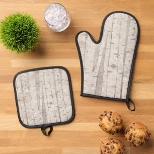 Cream Beige White Birch Trees Oven Mitt & Pot Holder Set