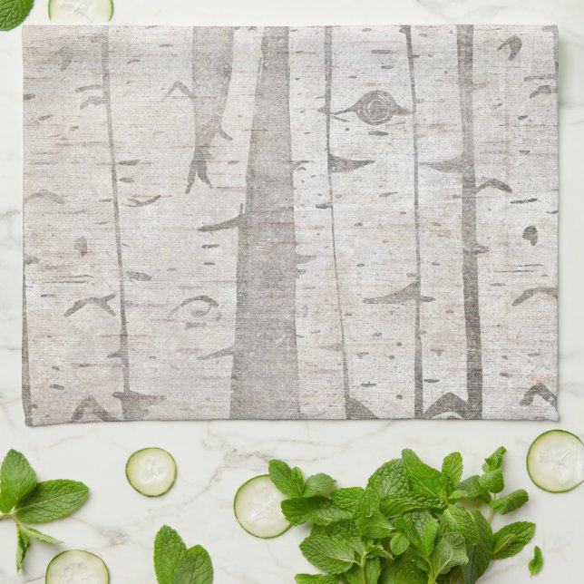Cream Beige White Birch Trees Tea Towel (Folded)