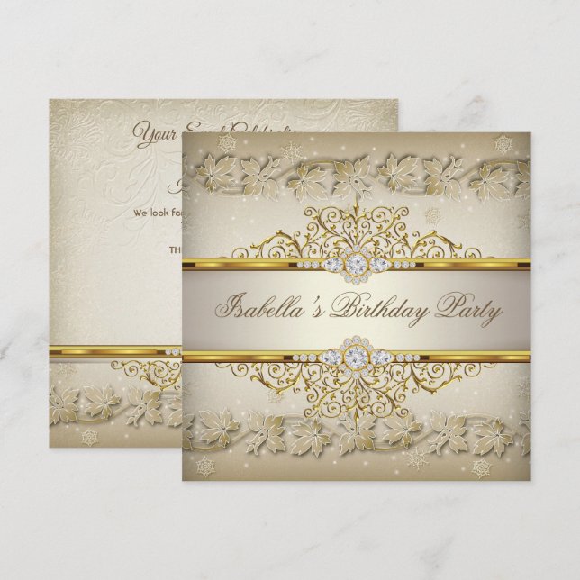 Cream Beige White Gold Elegant birthday Party Invitation (Front/Back)