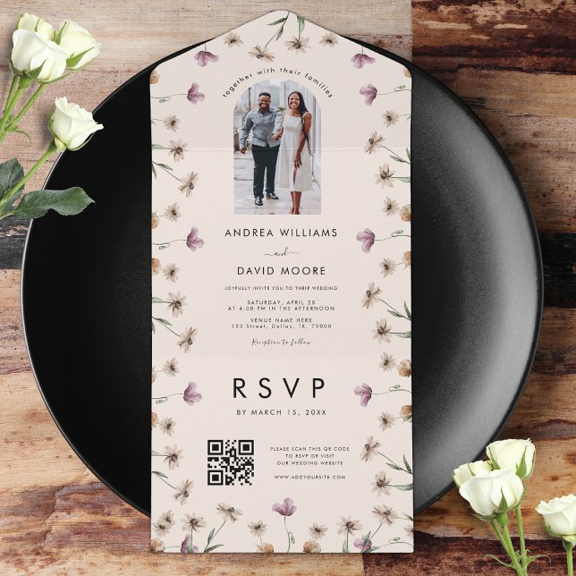 Cream Beige Wildflowers Arch photo QR Code Wedding All In One Invitation (Creator Uploaded)