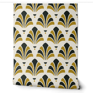 Cream, Black and Brass Art Deco Palmette Fan Wallpaper
