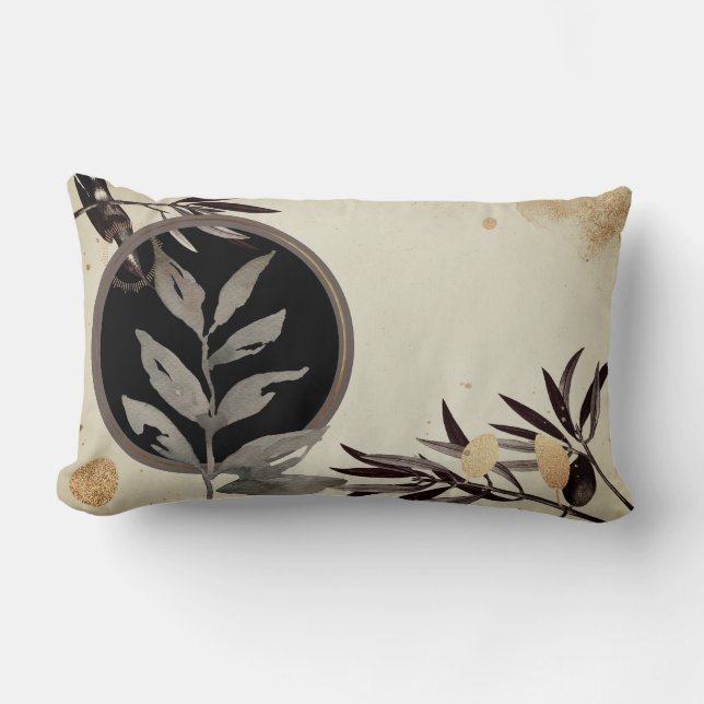 Cream & Black Artistic Watercolor Leaves Lumbar Cushion (Front)