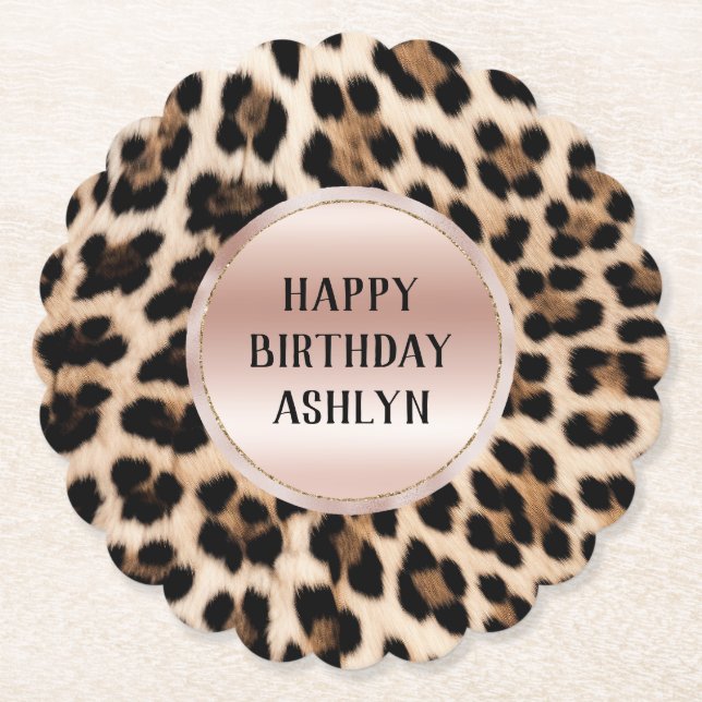Cream Black Brown Leopard Blush Pink Birthday Paper Coaster (Front)