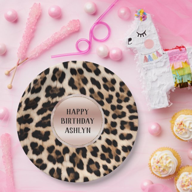 Cream Black Brown Leopard Blush Pink Birthday Paper Plate (Party)