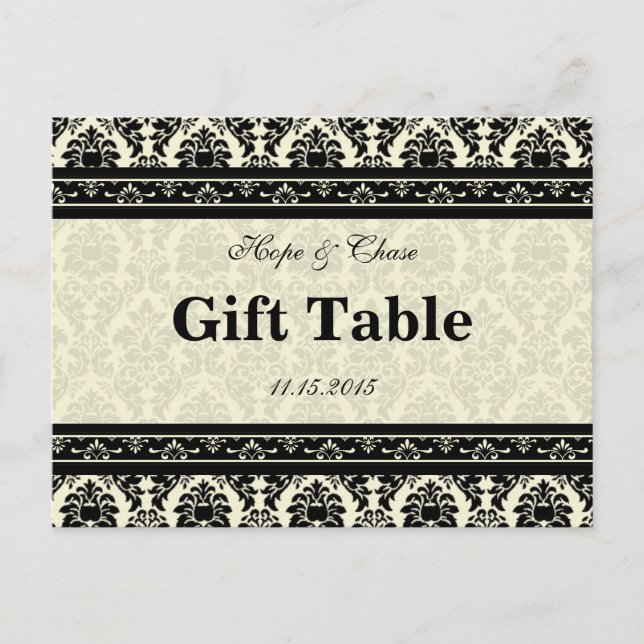 Cream & Black Damask Gift Table Card (Front)