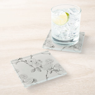 Cream Black Fall Flowers Glass Coaster