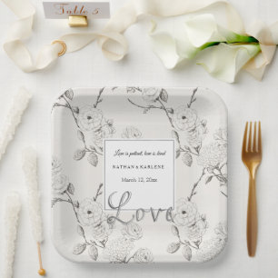 Cream Black Fall Flowers Love Wedding Paper Plate