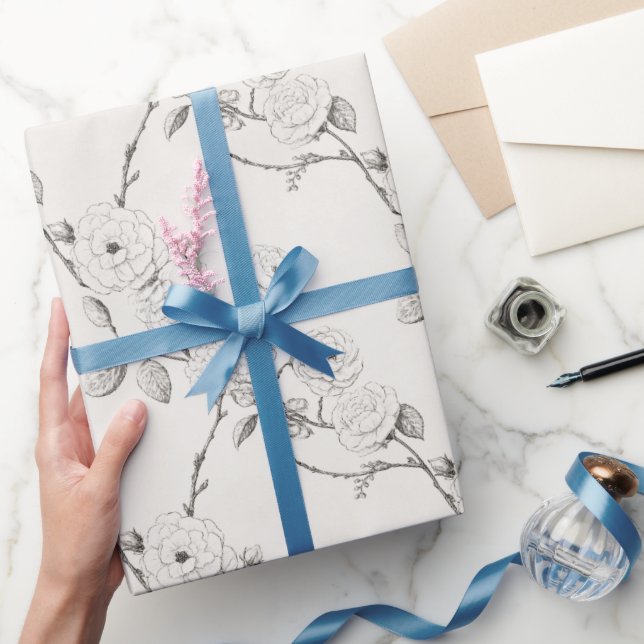 Cream Black Fall Flowers   Wrapping Paper (Gifting)