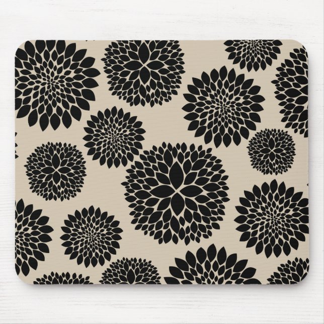 Cream Black Flowers Mouse Mat (Front)