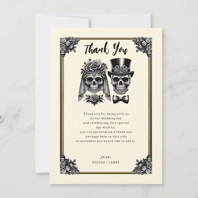 Cream Black & Gold Vintage Skeleton Thank You Invitation (Front)