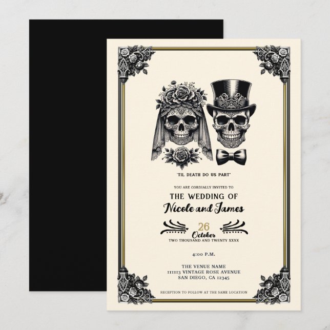 Cream Black & Gold Vintage Skeleton Wedding  Invitation (Front/Back)