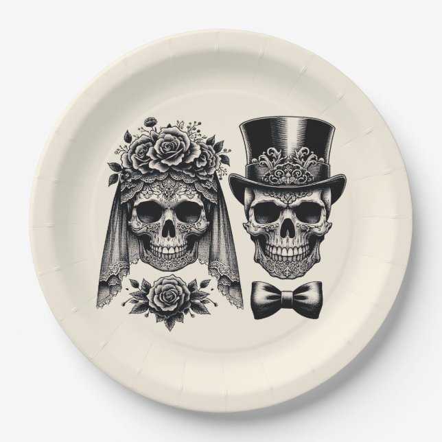 Cream Black & Gold Vintage Skeleton Wedding  Paper Plate (Front)