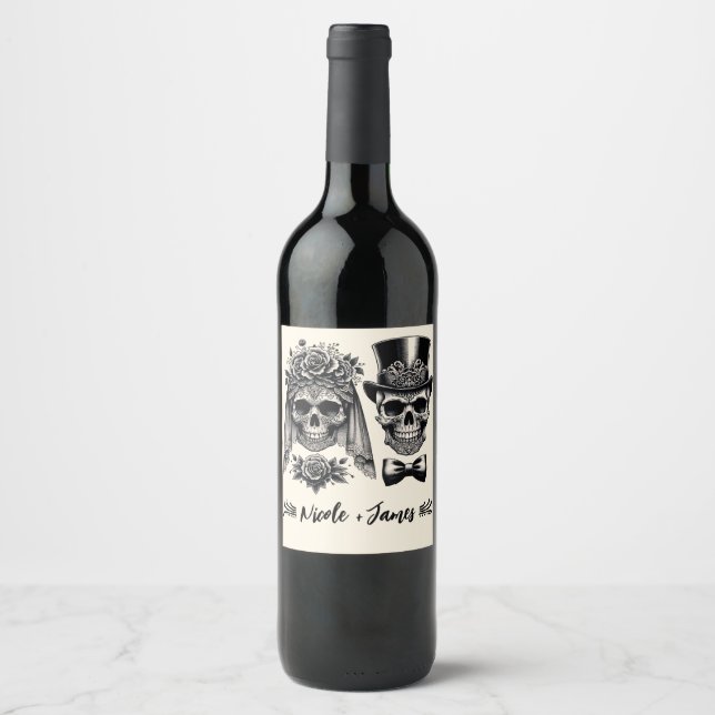 Cream Black & Gold Vintage Skeleton Wedding  Wine Label (Front)