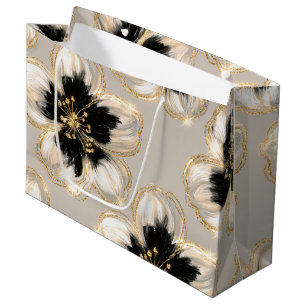Cream Black Ivory Gold Flowers Bridal Shower Large Gift Bag