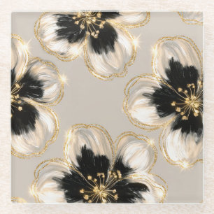 Cream Black Ivory Gold Flowers Glass Coaster
