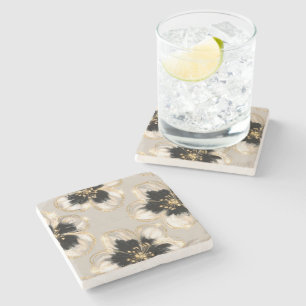 Cream Black Ivory Gold Flowers Stone Coaster