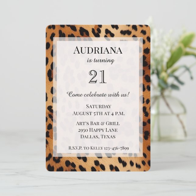 Cream Black Leopard Animal Print Birthday Invitation (Standing Front)