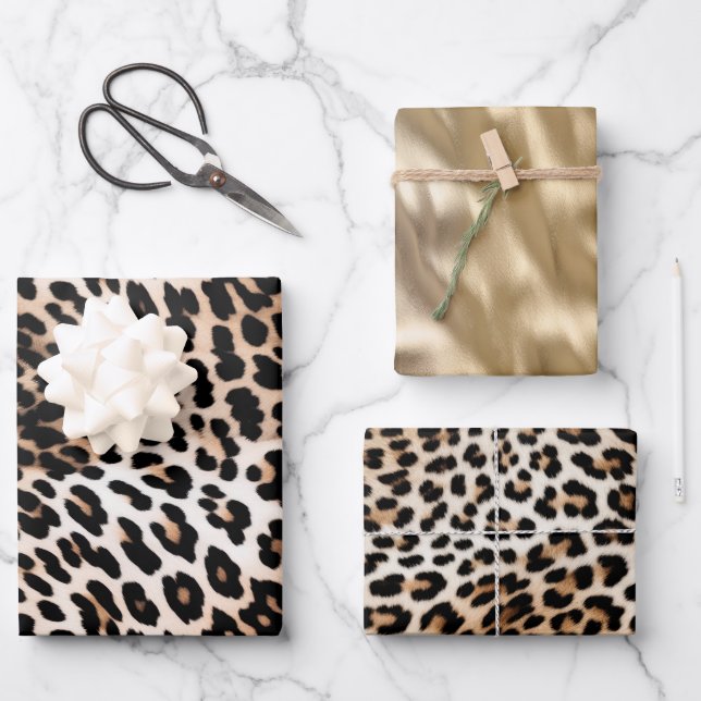 Cream Black Leopard & Gold Wrapping Paper Sheet (Front)