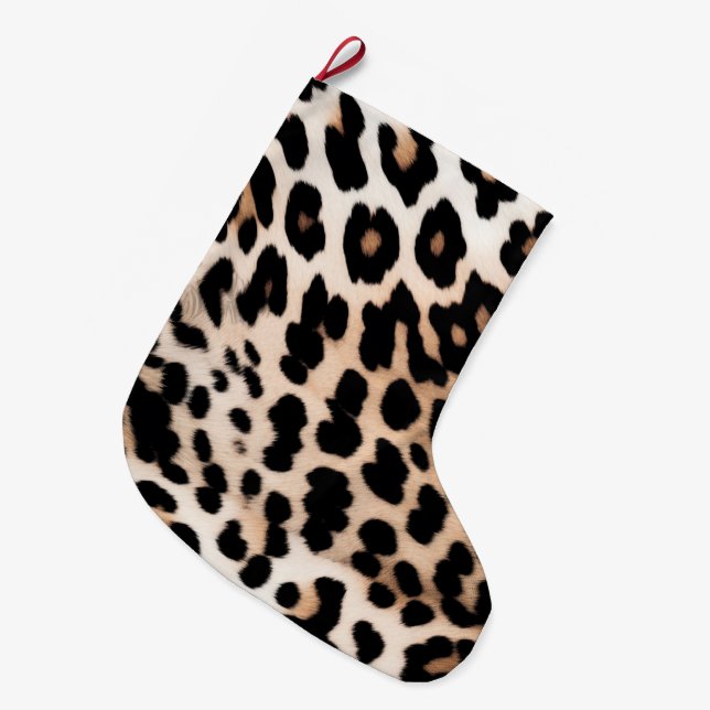 Cream Black Leopard Print Large Christmas Stocking (Front (Hanging))
