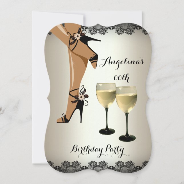 Cream Black Shoes Wine Glass Birthday Party Invitation (Front)