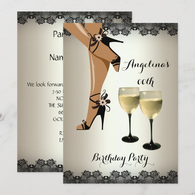 Cream Black Shoes Wine Glass Birthday Party Invitation (Front/Back)