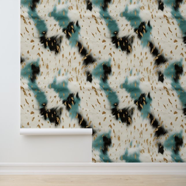 Cream Black Teal Southwest Cowhide Wallpaper (Application)