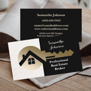 Cream Blk Linen Gold Key Real Estate Business Card